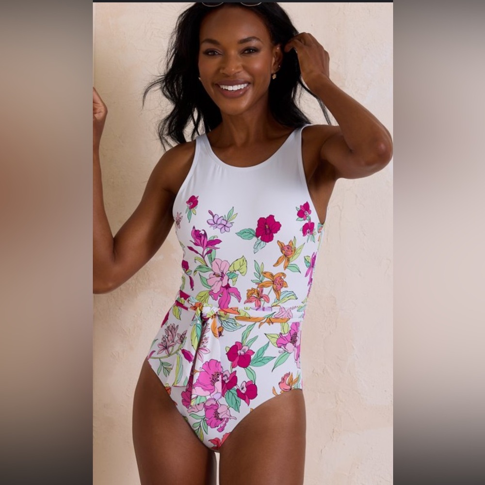 Tommy Bahama Summer Floral Belted High-Neck One-Piece Swimsuitsz 4